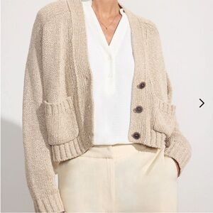 Brochu Walker Cropped Linen Cotton Cardigan Beige Sand Khaki V-Neck Knit Sweater
